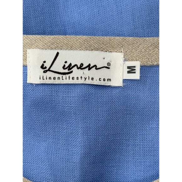 iLinen Sleeveless Linen Shift Dress Blue With Beige Trim & Pockets Size M - Picture 4 of 8